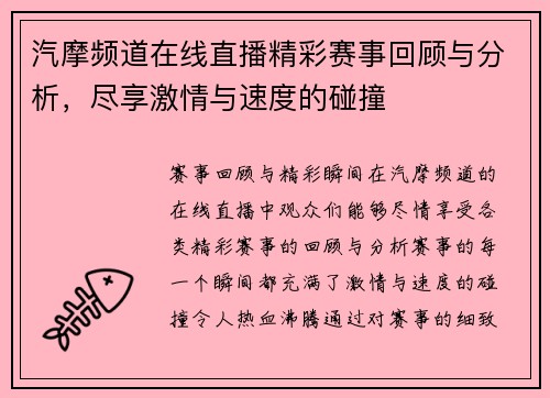 汽摩频道在线直播精彩赛事回顾与分析，尽享激情与速度的碰撞
