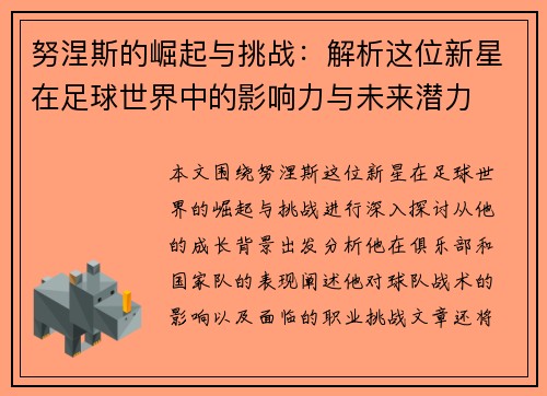 努涅斯的崛起与挑战：解析这位新星在足球世界中的影响力与未来潜力